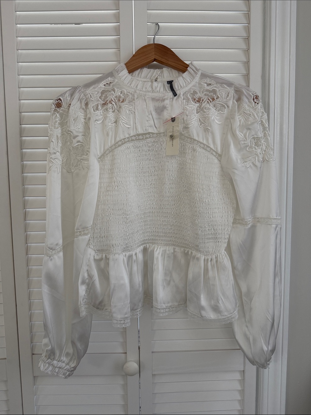 Anthropologie White Embroidered Smocked Peplum Blouse